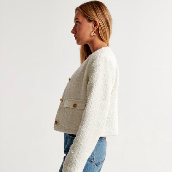ABERCROMBIE & FITCH | COLLARLESS CROPPED TWEED JACKET IN WHITE LARGE - Picture 10 of 13